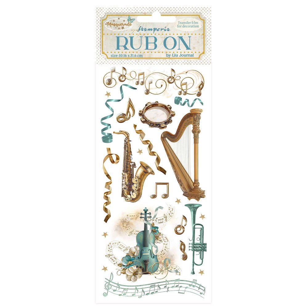 Ett ark Rub-on - Masquerade - Instruments från Stamperia. Musikintrument och noter  - Tidformera