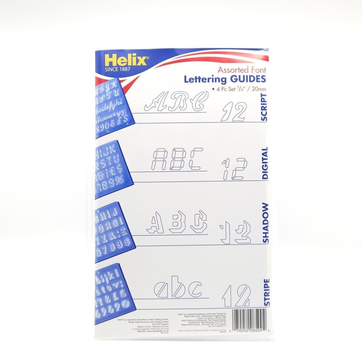 Baksidan på förpackningen. Det står Assorted Font Lettering guide och fyra olika stenciler syns. - Tidformera