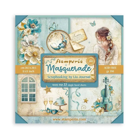 Scrapbookingpapper - Masquerade - Maxi Pad från Stamperia. Förpackning med 20,3 x 20,3 cm papper med mönster på en sida. Det är bilder i blått och guld. - Tidformera