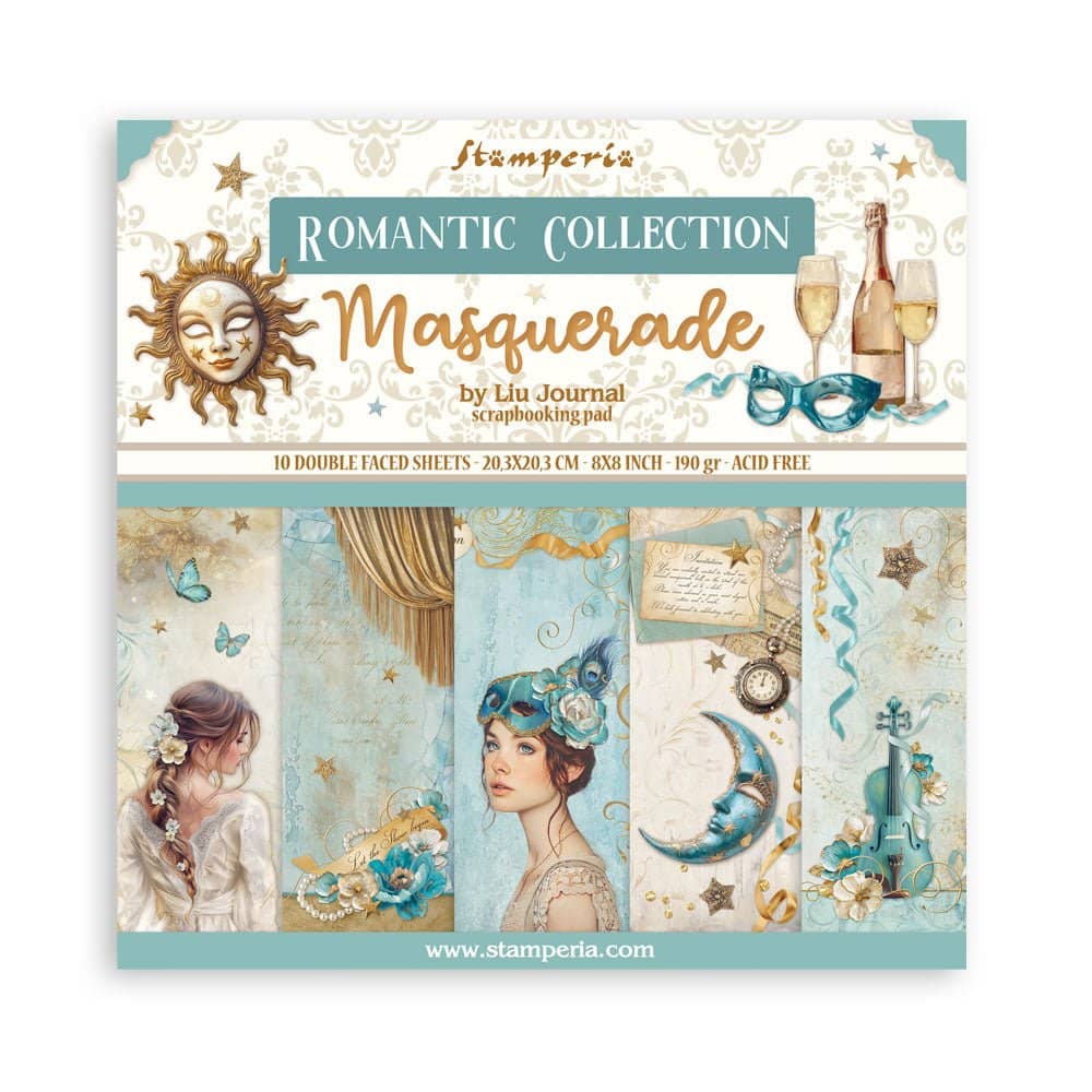 Scrapbookingpapper - Masquerade från Stamperia. Förpackning med 10 dubbelsidiga, mönstrade papper. - Tidformera