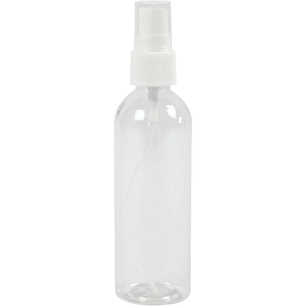 Sprayflaska 100 ml från Creotime. Liten transparent flaska med sprayfunktion och har ett lock.  Tidformera