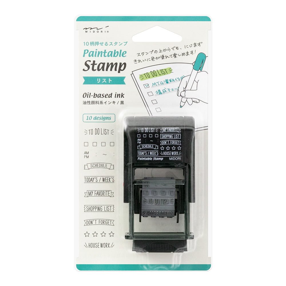 Stämpel Paintable Rotating Stamp - List från Midori. Förpackning med stämpel där du kan rulla fram rubriker som To Do list, Schedule, Shopping list. - Tidformera