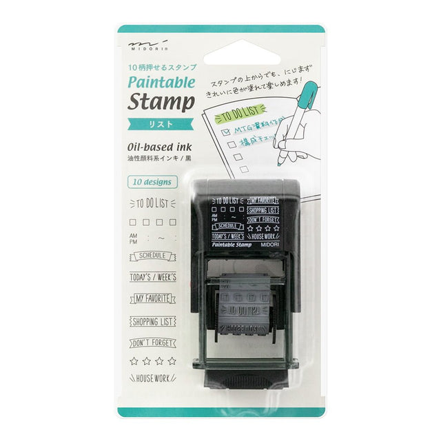 Stämpel Paintable Rotating Stamp - List från Midori. Förpackning med stämpel där du kan rulla fram rubriker som To Do list, Schedule, Shopping list. - Tidformera