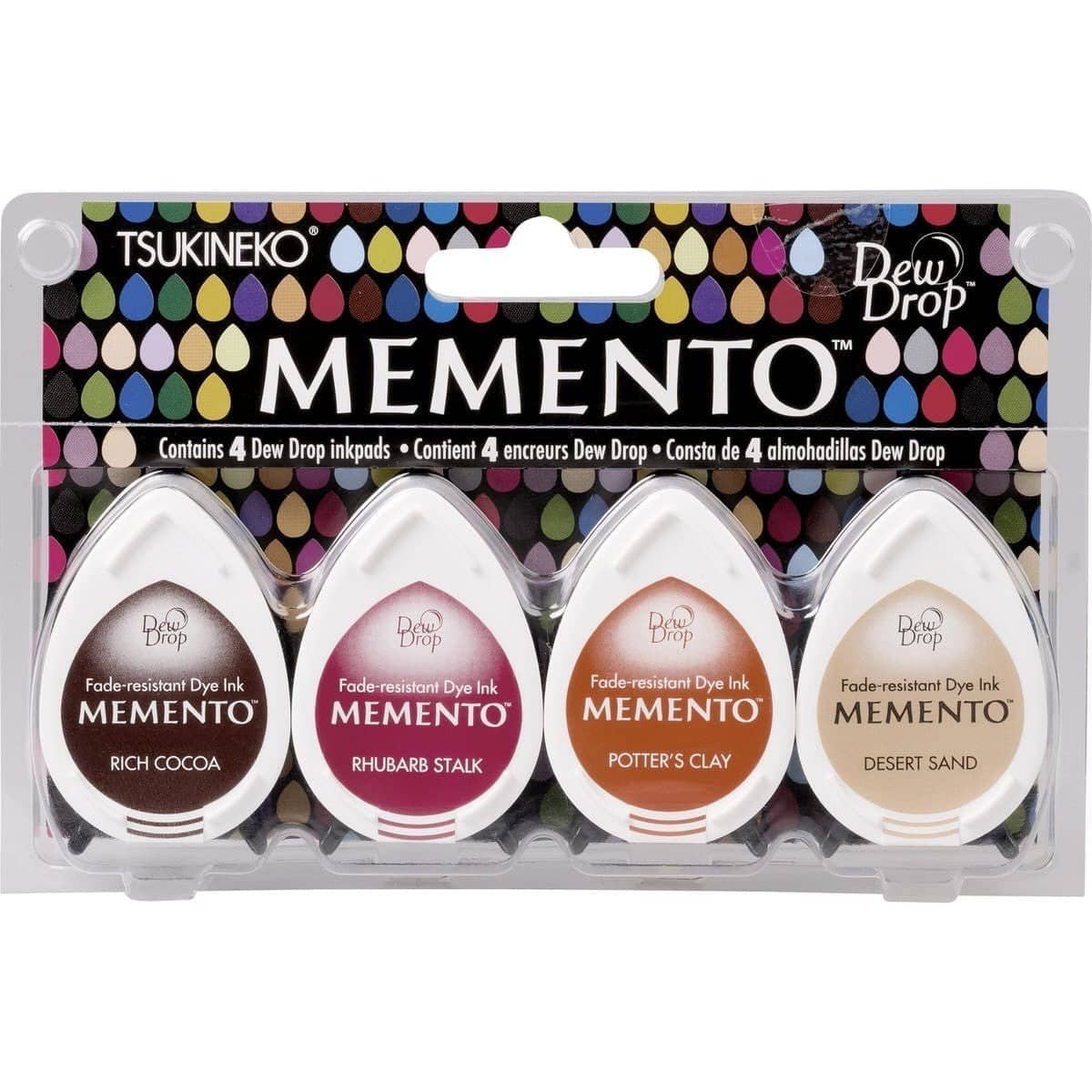 Stämpeldyna Memento Dew Drop - Arizona Canyons från Tsukineko.  - Förpackning med 4 stämpeldynor i 3 bruna och en röd nyans.