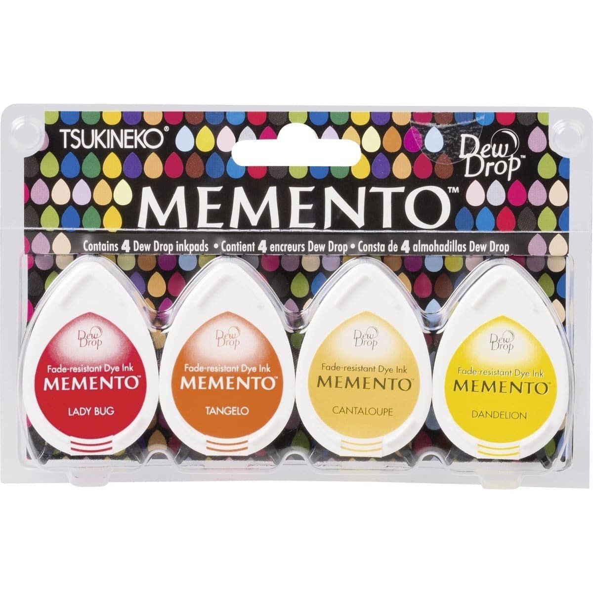 Stämpeldyna Memento Dew Drop - Camp Fire från Tsukineko. En förpackning om 4 stämpeldynor med röd, orange och gul bläck. - Tidformera