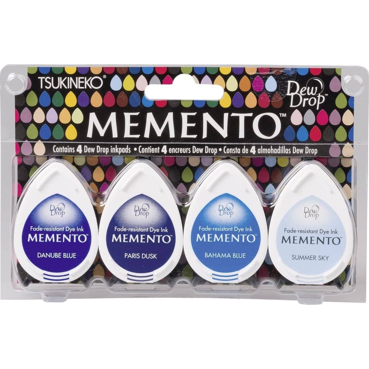 Stämpeldyna Memento Dew Drop - Ocean från Tsukineko. Förpackningen innehåller 4 blåa stämpeldynor i olika nyanser. - Tidformera