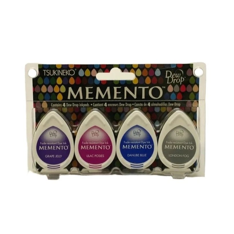 Stämpeldyna Memento Dew Drop - Rainy Daze från Tsukineko. Lila, blåa och gråa stämpeldynor i denna förpackning om 4. - Tidformera