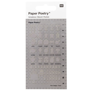 Stencil Paper Poetry Liten - Food från Rico Design. Förpackning med en stencil i plast. Motiven är med bestick, muggar, glas, glass, bär, hamburgare, fisk. Bokstäver med Breakfast, Lunch, Dinner. - Tidformera