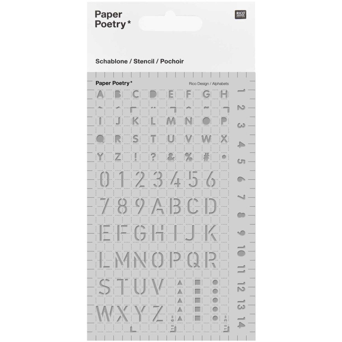Förpackning med Stencil Paper Poetry Stor - Letters från Rico Design. Stencilen har siffror och bokstäver i  två storlekar. - Tidformera