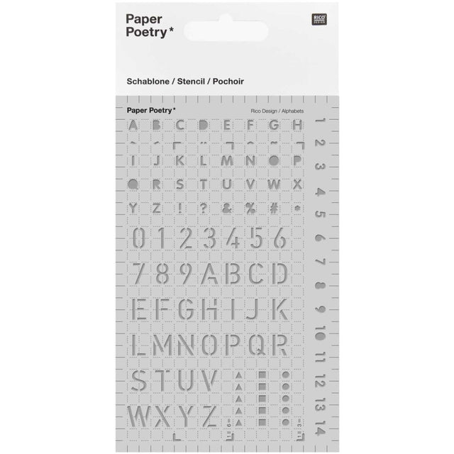 Förpackning med Stencil Paper Poetry Stor - Letters från Rico Design. Stencilen har siffror och bokstäver i  två storlekar. - Tidformera