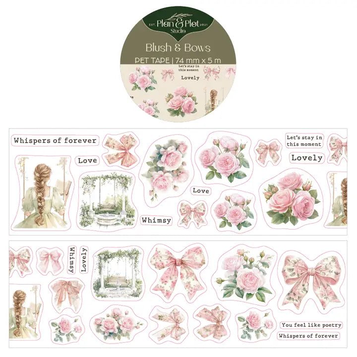 Sticker Pet Tape - Pre - cut - Blush & bows - 74 mm - 1 - Plan & Plot Studio - Tidformera