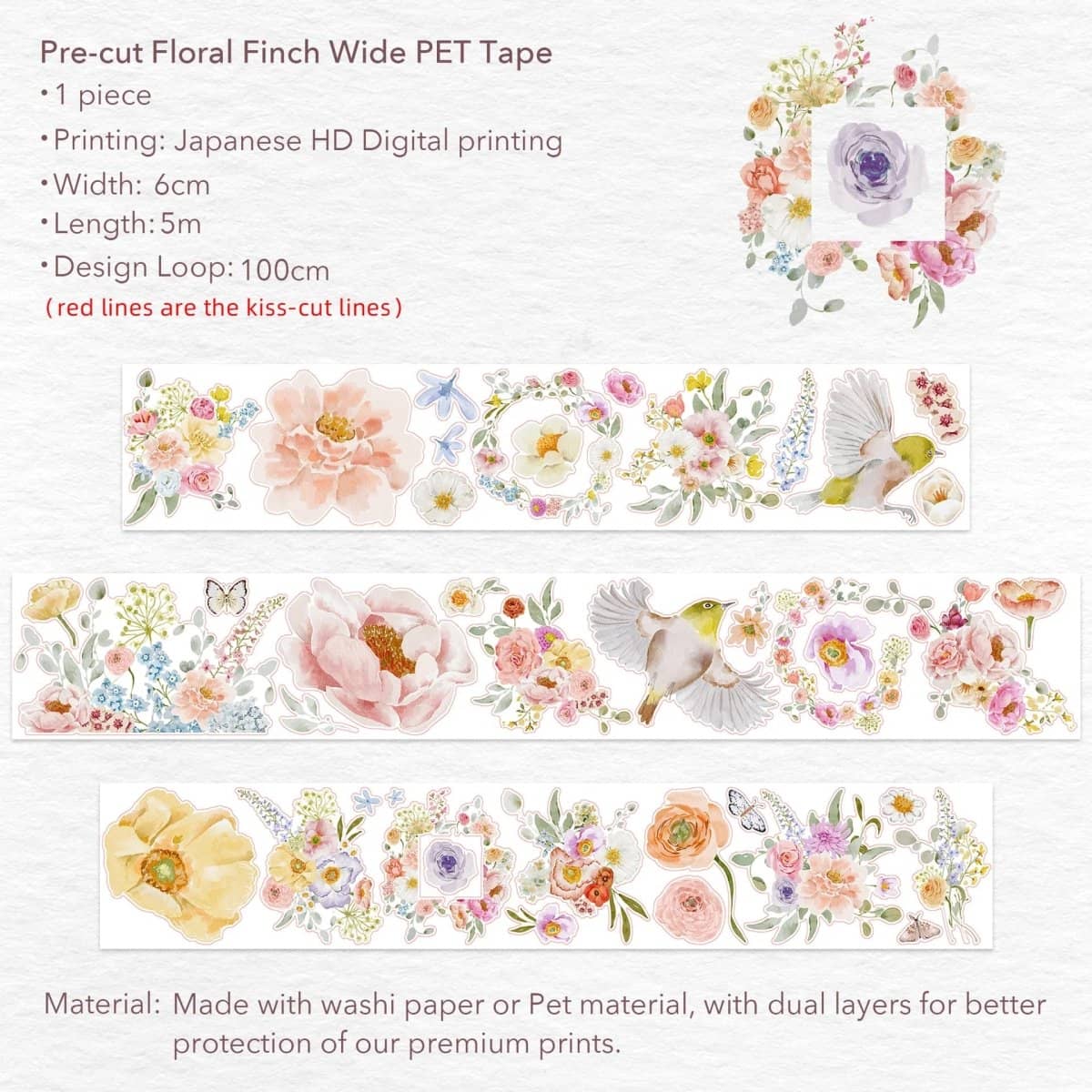Sticker Pet Tape - Pre - cut - Floral Finch - 60 mm - 11 - Washi Tape Shop - Tidformera