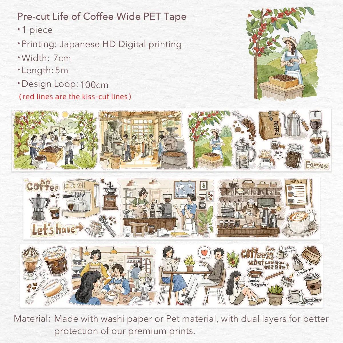 Sticker Pet Tape - Pre - cut - Life of Coffee - 70 mm - 9 - Washi Tape Shop - Tidformera