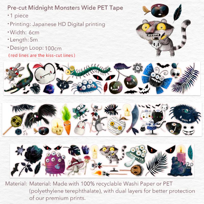 Sticker Pet Tape - Pre - cut - Midnight Monsters - 60 mm - 4 - Washi Tape Shop - Tidformera