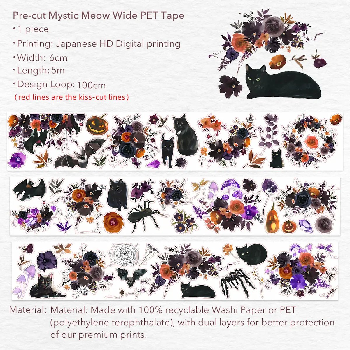 Sticker Pet Tape - Pre - cut - Mystic Meow - 60 mm - 8 - Washi Tape Shop - Tidformera