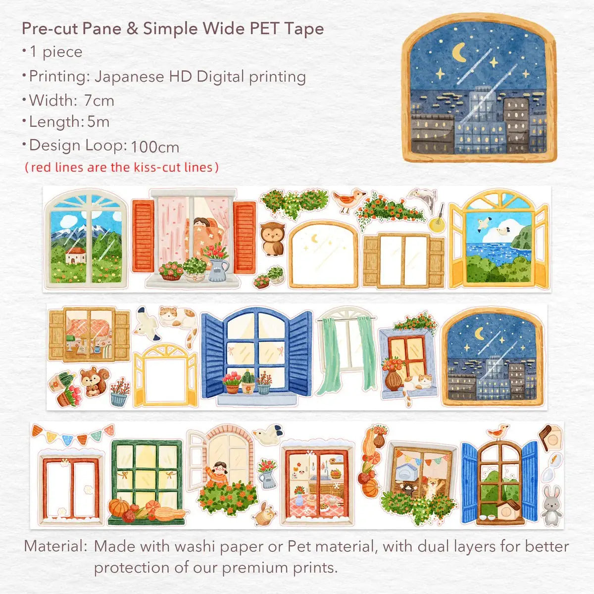 Sticker Pet Tape - Pre - cut - Pane & Simple - 70 mm - 7 - Washi Tape Shop - Tidformera