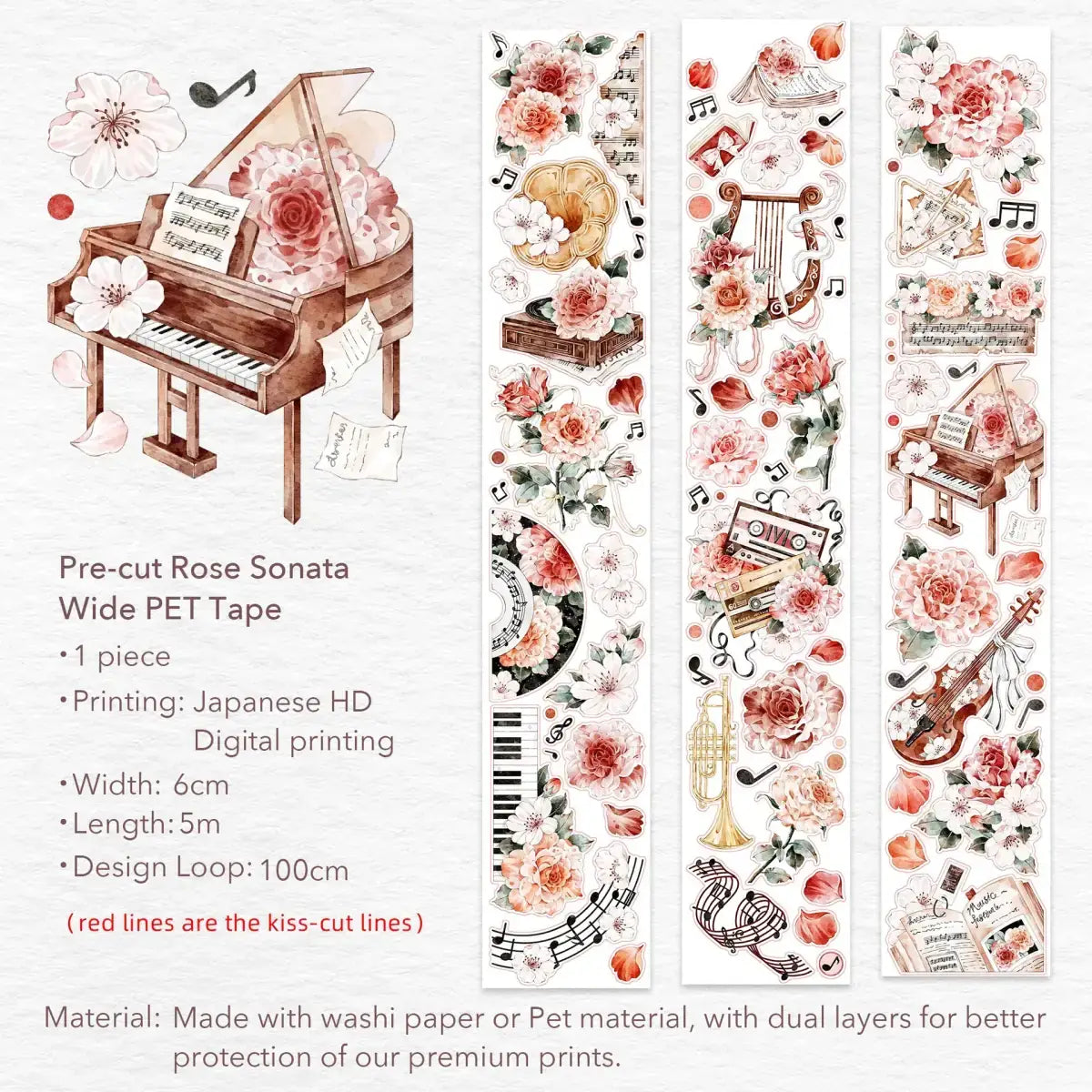 Sticker Pet Tape - Pre - cut - Rose Sonata - 60 mm - 11 - Washi Tape Shop - Tidformera