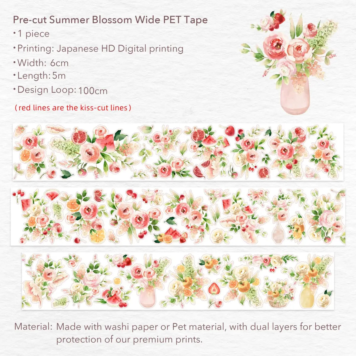 Sticker Pet Tape - Pre - cut - Summer Blossom - 60 mm - 9 - Washi Tape Shop - Tidformera
