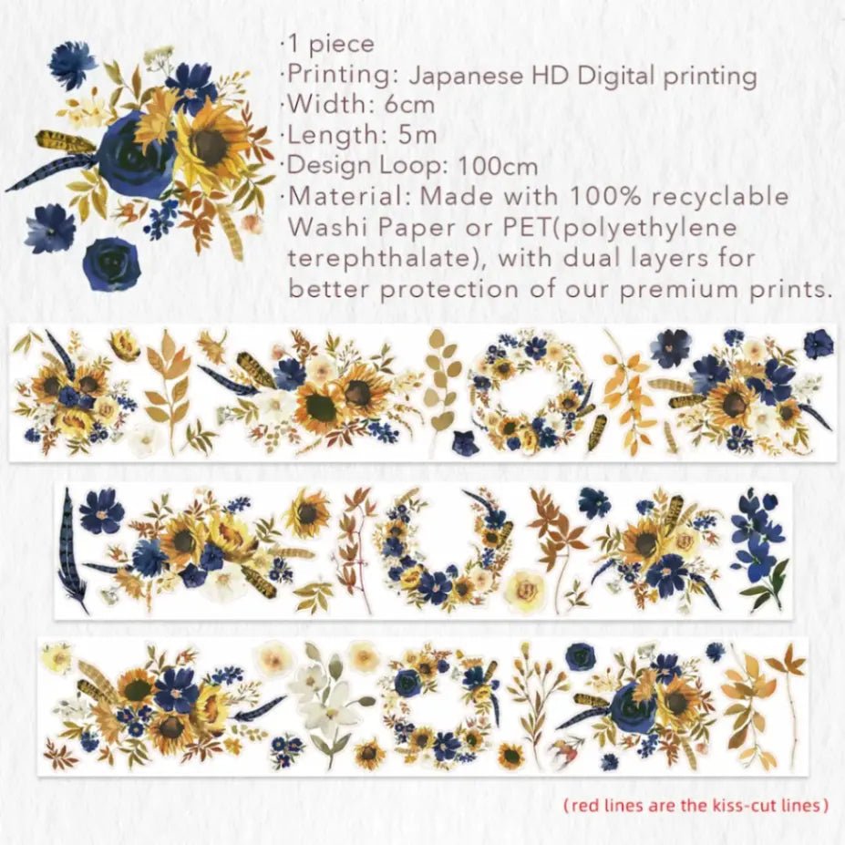 Sticker Pet Tape - Pre - cut - Sunflower & Navy - 60 mm - 8 - Washi Tape Shop - Tidformera