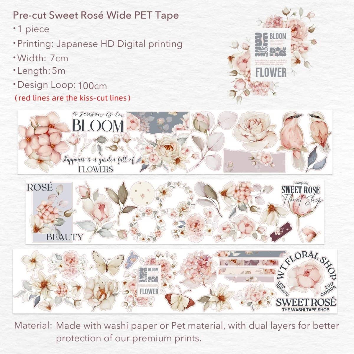 Sticker Pet Tape - Pre - cut - Sweet Rosé - 70 mm - 9 - Washi Tape Shop - Tidformera