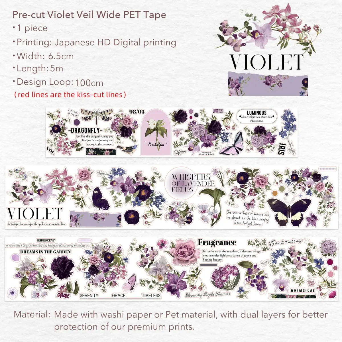 Sticker Pet Tape - Pre - cut - Violet Veil - 65 mm - 10 - Washi Tape Shop - Tidformera