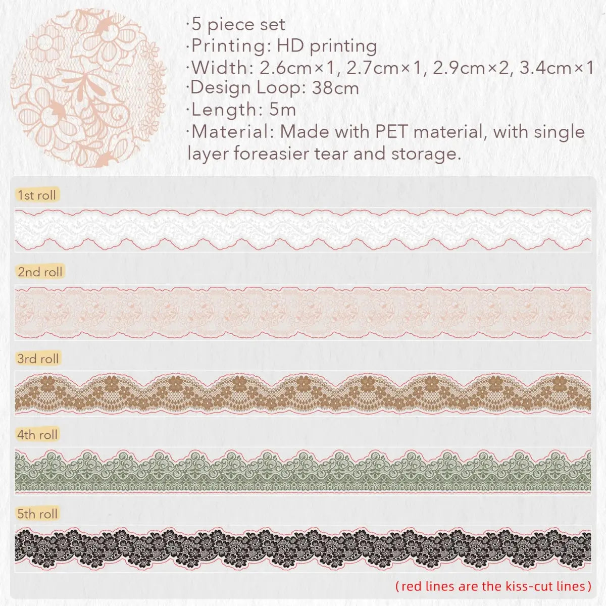 Pet Tape - Baroque Lace - 5 - pack - 8 - Washi Tape Shop - Tidformera