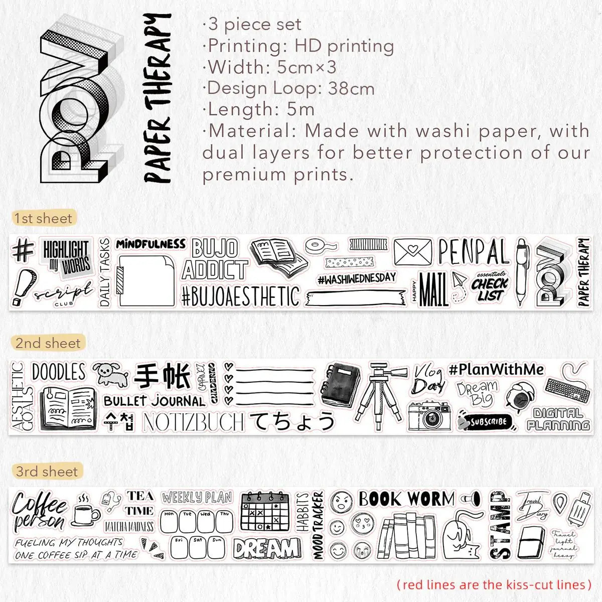 Sticker Set Washi Tape - Daily Bujo - 3 - pack - 8 - Washi Tape Shop - Tidformera