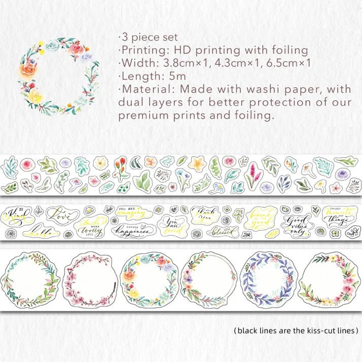 Sticker Set Washi Tape - Delicate Floral Wreaths - 3 - pack - 11 - Washi Tape Shop - Tidformera