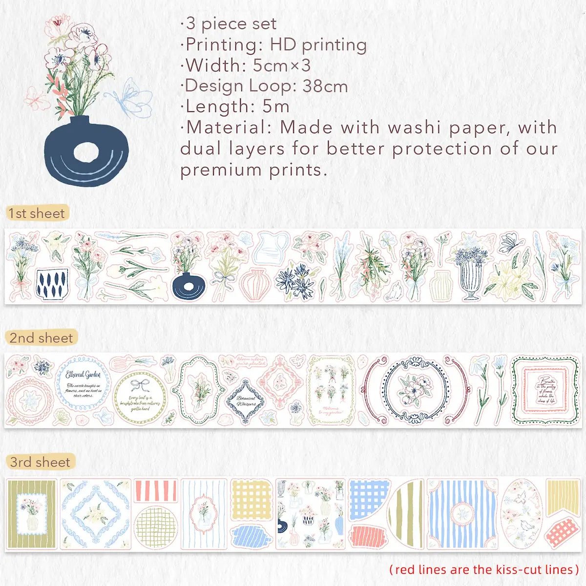 Sticker Set Washi Tape - Doodle & Vine - 3 - pack - 8 - Washi Tape Shop - Tidformera