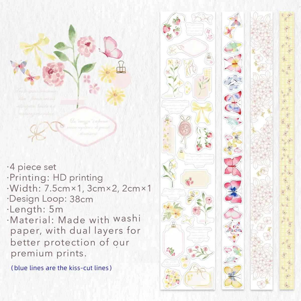 Sticker Set Washi Tape - Fragole & Farfalle - 4 - pack - 8 - Washi Tape Shop - Tidformera