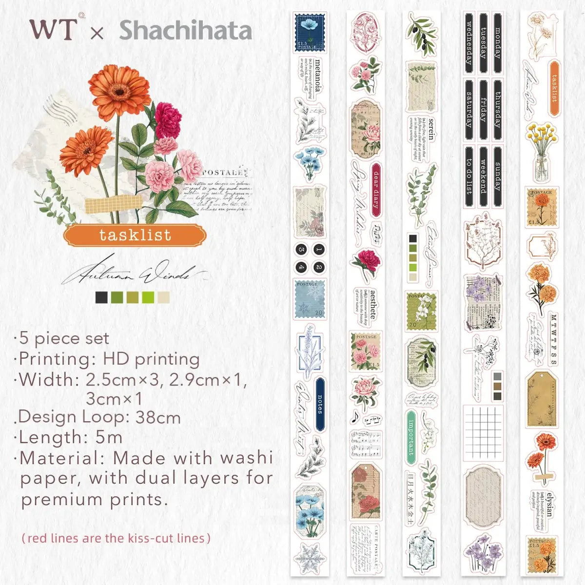Sticker Set Washi Tape - Seasonal Splendor - 5 - pack - 8 - Washi Tape Shop - Tidformera