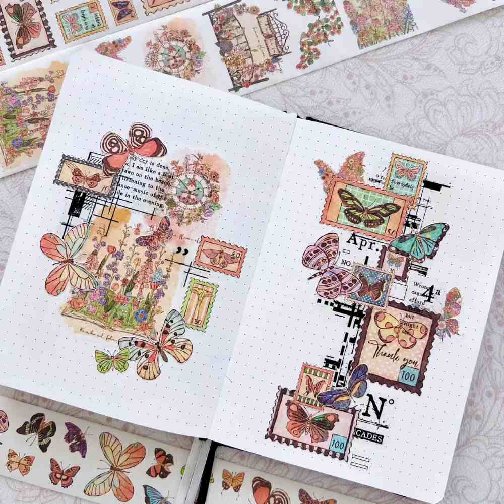 Stamped wings washi tape från The Washi Tape Shop med fjärilar som används i en dotted notebook. - Tidformera