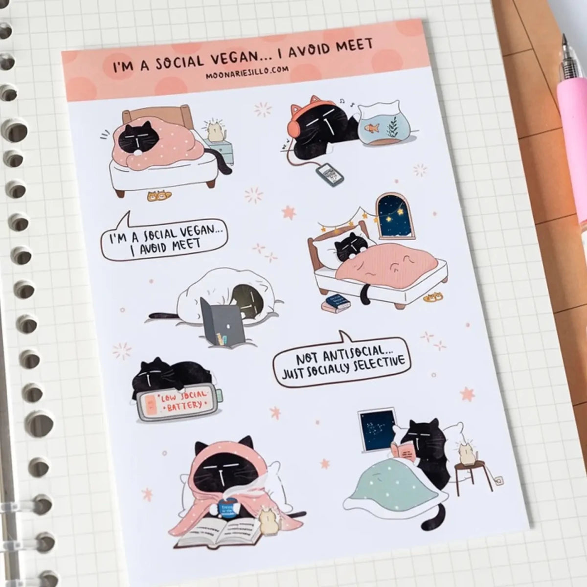 Sticker Sheet - Mocha Cat - I'm A Social Vegan, I Avoid Meet... - 1 - Moonaries illo - Tidformera
