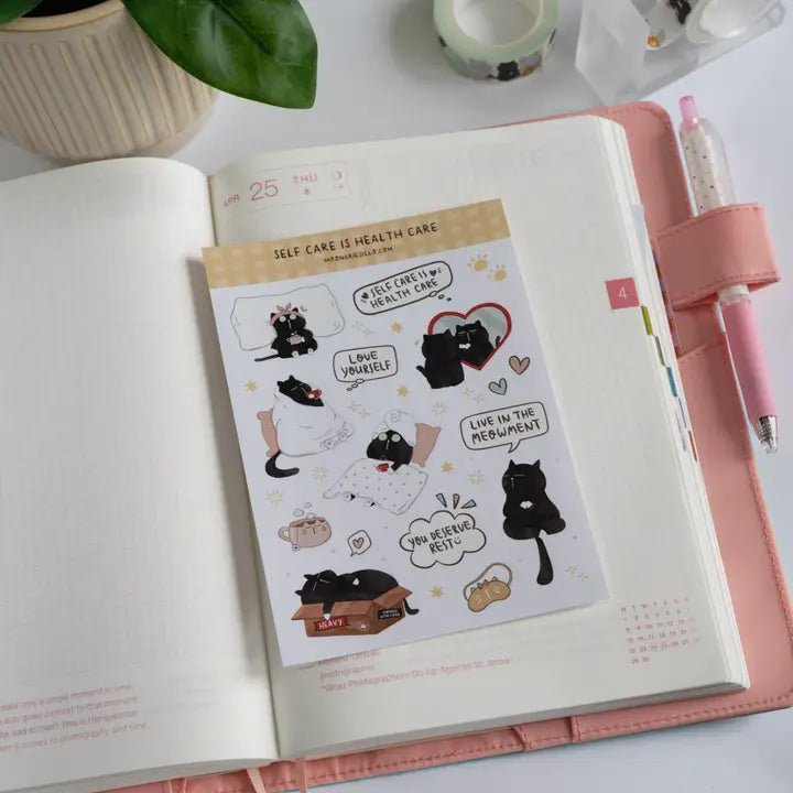 Sticker Sheet - Mocha Cat - Self Care Is Health Care - 2 - Moonaries illo - Tidformera