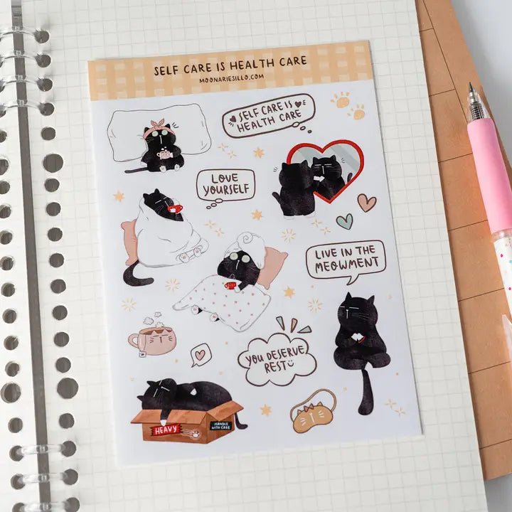 Sticker Sheet - Mocha Cat - Self Care Is Health Care - 1 - Moonaries illo - Tidformera