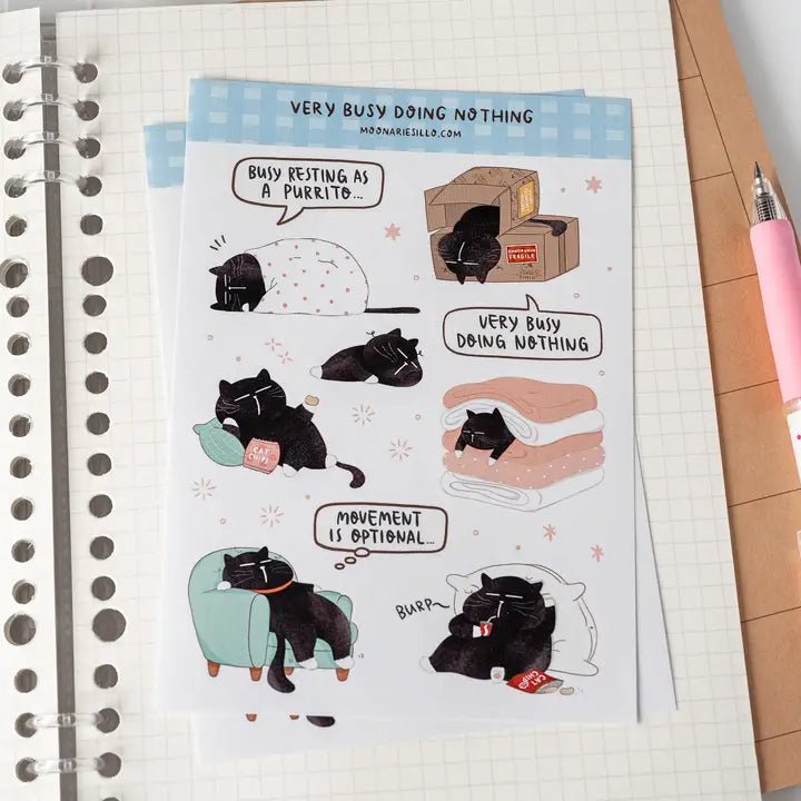 Sticker Sheet - Mocha Cat - Very Busy Doing Nothing - 1 - Moonaries illo - Tidformera