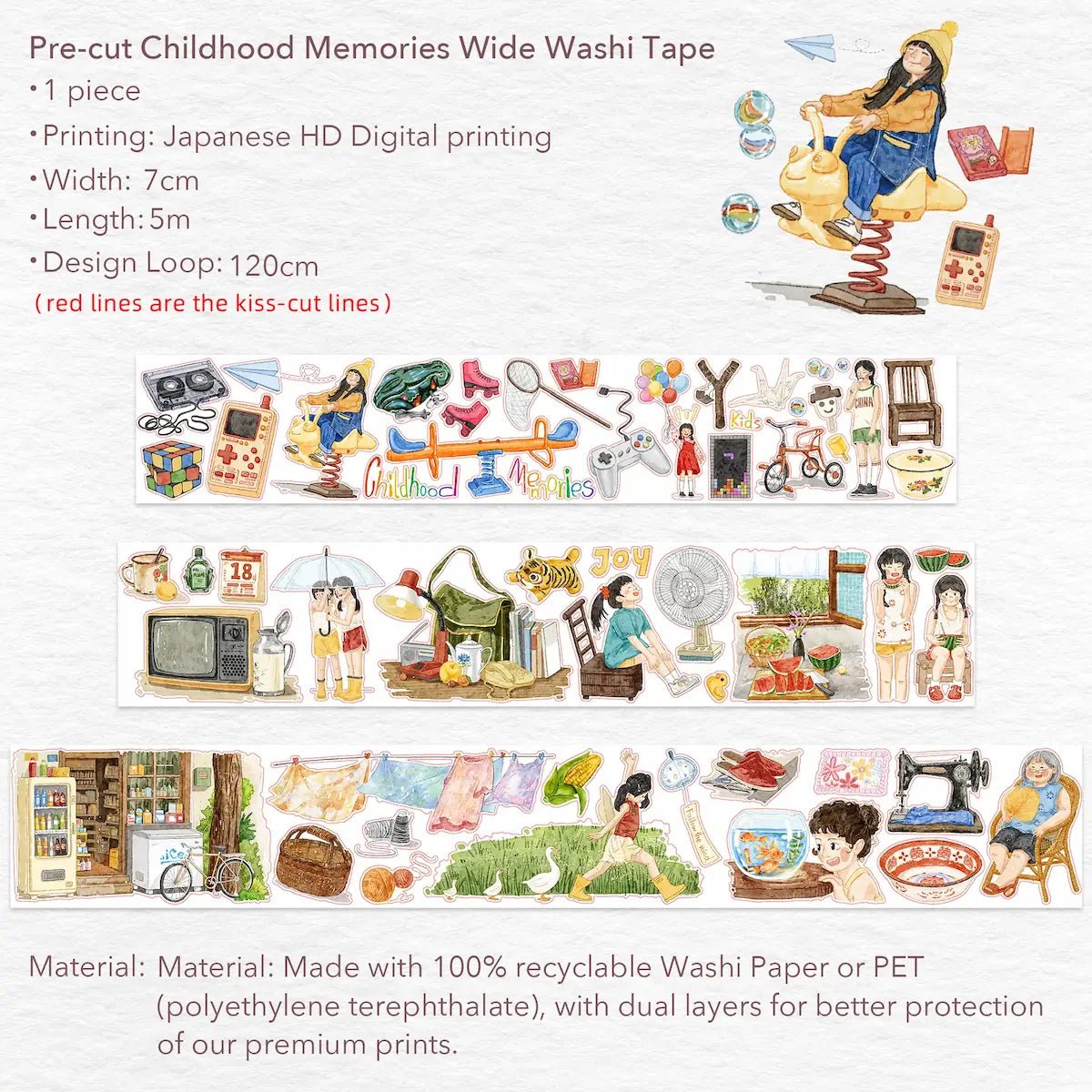 Sticker Washi Tape - Pre - cut - Childhood Memories - 70 mm - 5 - Washi Tape Shop - Tidformera
