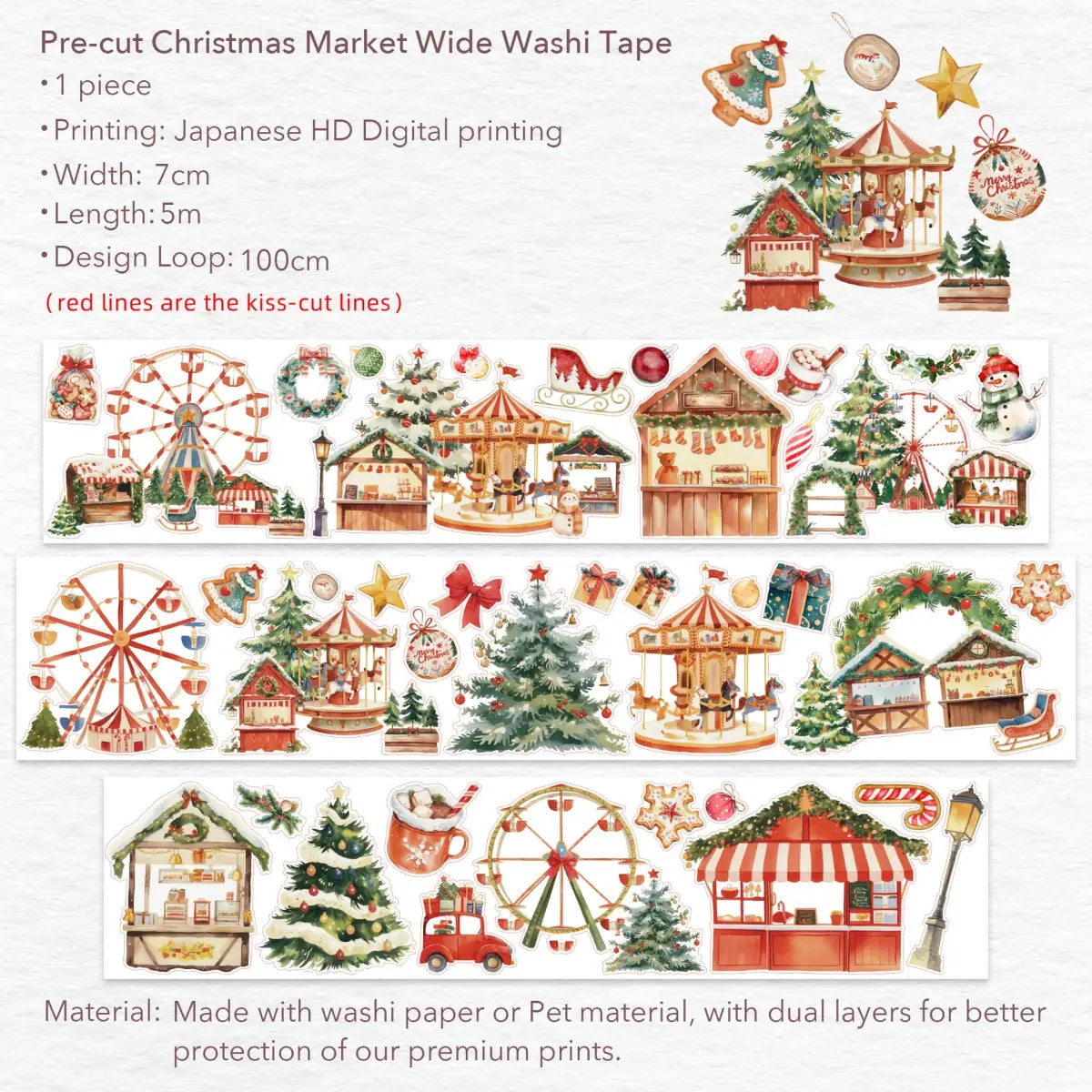 Sticker Washi Tape - Pre - cut - Christmas Market - 70 mm - 11 - Washi Tape Shop - Tidformera