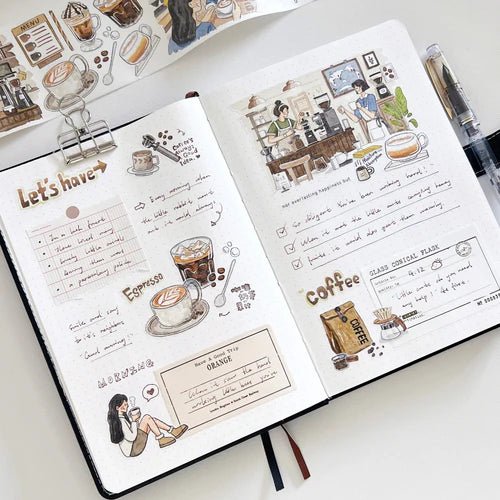 Uppslag i en Bullet Journal med Life of Coffee stickers från The Washi Tape Shop