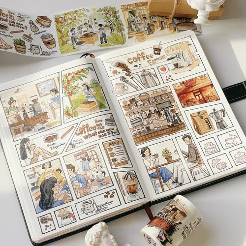 Uppslag med serietidning utseende där det använts stickers Life of Coffee från The Washi Tape Shop