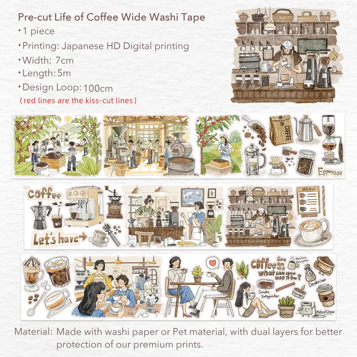 Sticker Washi Tape - Pre - cut - Life of Coffee - 70 mm - 9 - Washi Tape Shop - Tidformera