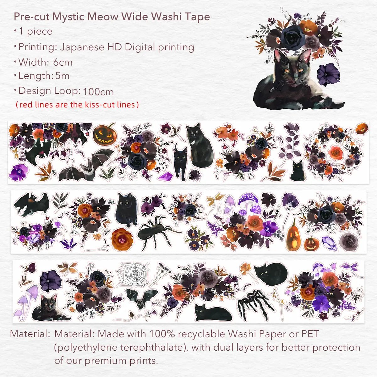 Sticker Washi Tape - Pre - cut - Mystic Meow - 60 mm - 8 - Washi Tape Shop - Tidformera