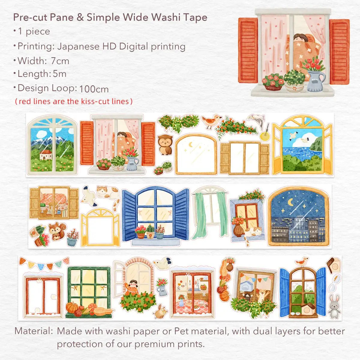 Sticker Washi Tape - Pre - cut - Pane & Simple - 70 mm - 8 - Washi Tape Shop - Tidformera