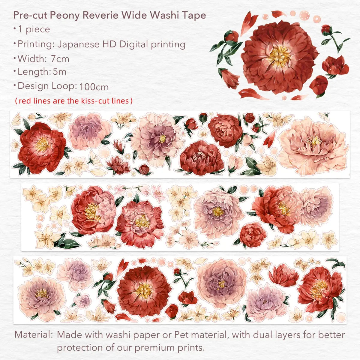 Sticker Washi Tape - Pre - cut - Peony Reverie - 70 mm från Washi Tape Shop. Blommor i rött och rosa pryder klistermärken på denna tejp. - Tidformera