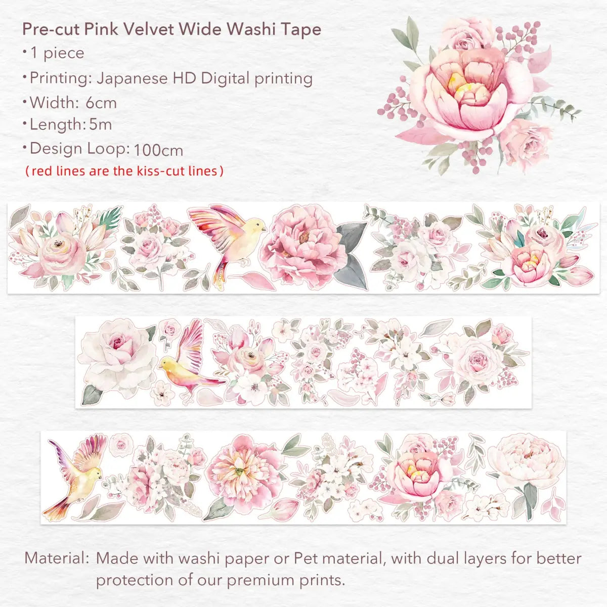 Sticker Washi Tape - Pre - cut - Pink Velvet - 60 mm - 6 - Washi Tape Shop - Tidformera