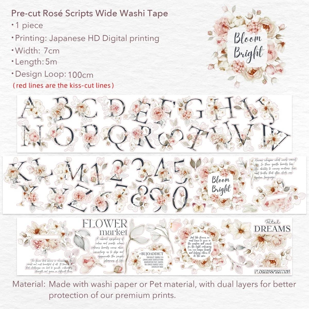 Sticker Washi Tape - Pre - cut - Rosé Scripts - 70 mm - 11 - Washi Tape Shop - Tidformera