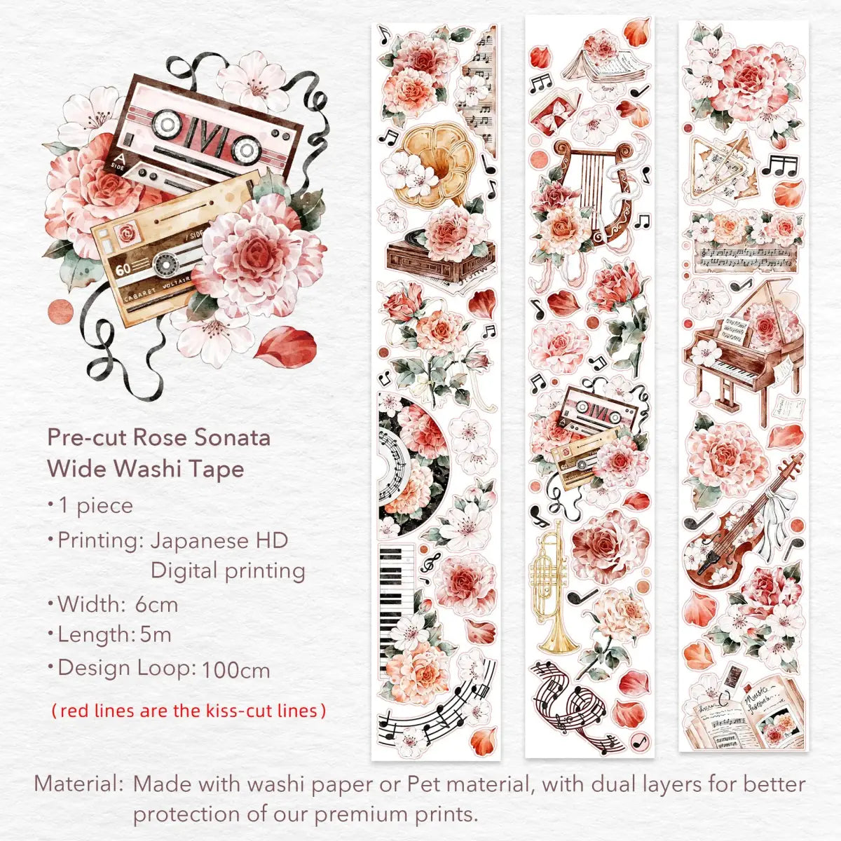 Sticker Washi Tape - Pre - cut - Rose Sonata - 60 mm - 11 - Washi Tape Shop - Tidformera