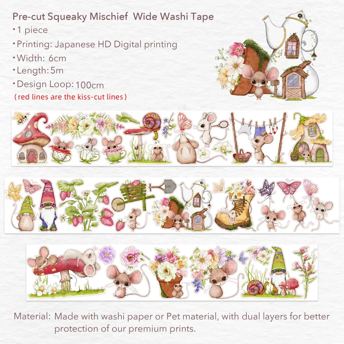Sticker Washi Tape - Pre - cut - Squeaky Mischief - 60 mm - 8 - Washi Tape Shop - Tidformera