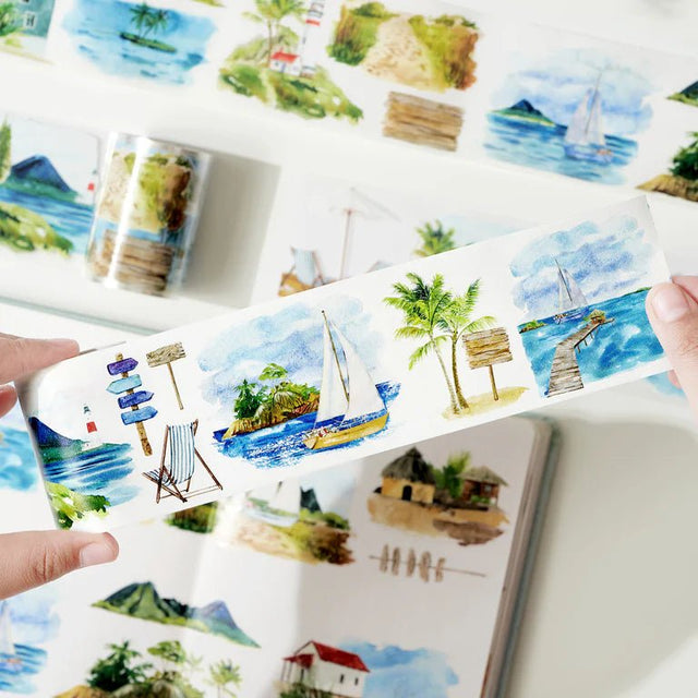 Sticker Washi Tape Pre cut Summer Bliss 60 mm Washi Tape Shop rullas ut och motiv på tejp syns. Tidformera