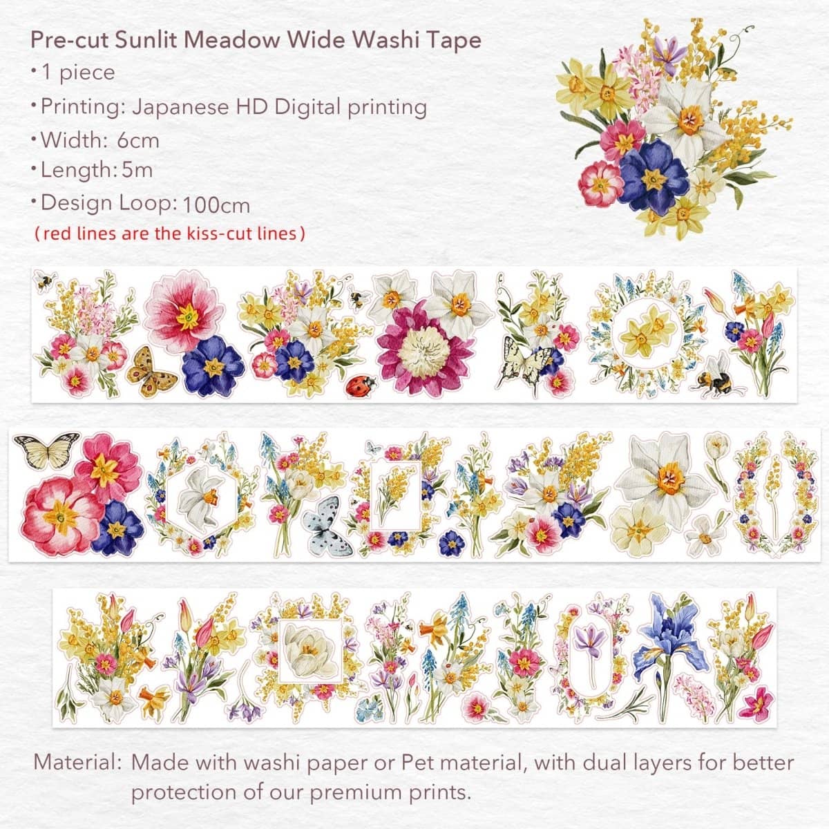 Sticker Washi Tape - Pre - cut - Sunlit Meadow - 60 mm - 7 - Washi Tape Shop - Tidformera